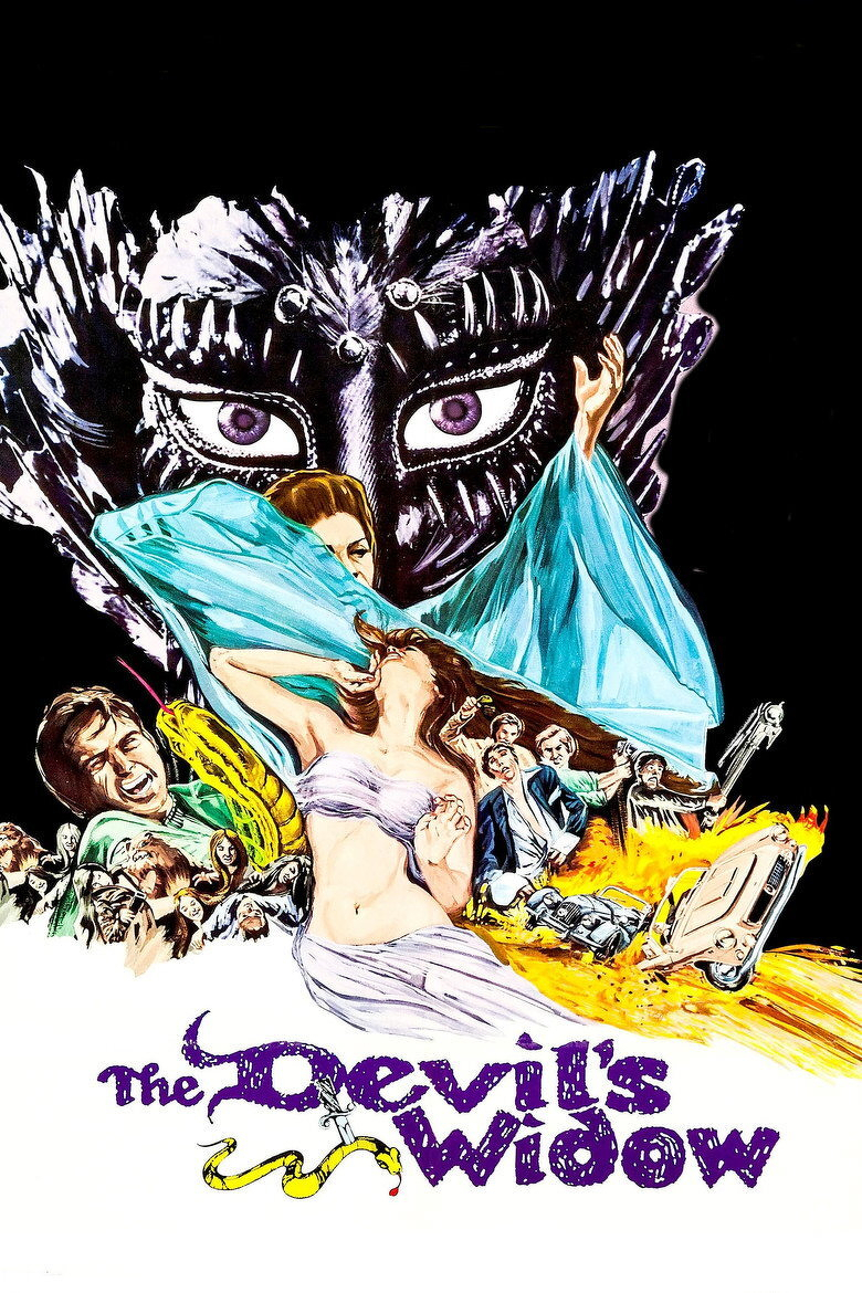 A dramatic illustrated movie poster features a large, ominous mask with purple eyes and intricate black and white details dominating the background. Below it, a woman in a flowing white and light purple outfit arches backward in distress, her hair cascading as a woman in a turquoise robe reaches toward her. Surrounding them are chaotic scenes: a man recoiling in fear, a yellow snake lunging, a burning car flipped on its side with flames, and a group of screaming or panicked people. At the bottom, purple text with a yellow snake wrapped around part of it reads “The Devil’s Widow.”