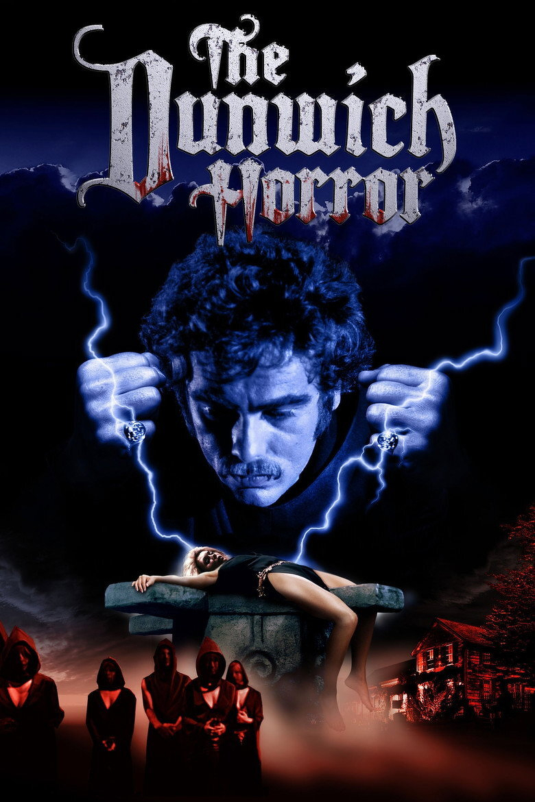 A dark and eerie movie poster featuring a large, blue-tinted image of a man with curly hair and a mustache, glaring downward with fists clenched as blue lightning-like energy radiates from his hands. Below him, a woman in a short black dress is sprawled across a stone altar, seemingly unconscious or restrained, with her arms and legs hanging limply. Hooded figures in dark red robes stand in the shadows at the bottom of the image, forming a sinister gathering. In the background, a dark, stormy sky with ominous clouds looms over a red-lit, isolated house to the right. At the top of the poster, large gothic white and blood-streaked letters spell out “The Dunwich Horror.”