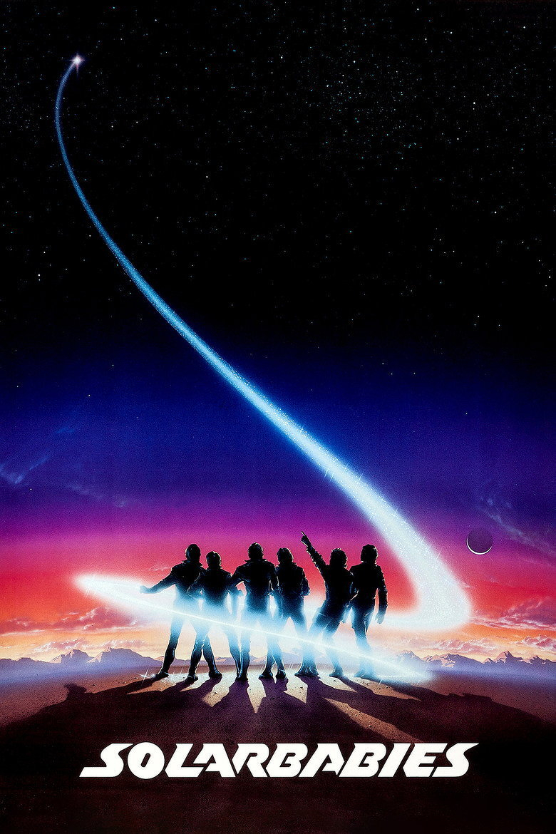 A silhouetted group of six people stands on a rocky landscape under a star-filled night sky with a colourful gradient from deep purple to reddish-orange near the horizon. One person is pointing upward as a bright, glowing blue streak of light curves dramatically from the horizon into the sky, ending in a shining star. A crescent planet or moon is visible in the distance above the horizon. The title “SOLARBABIES” is displayed in bold, white, futuristic lettering at the bottom of the image.