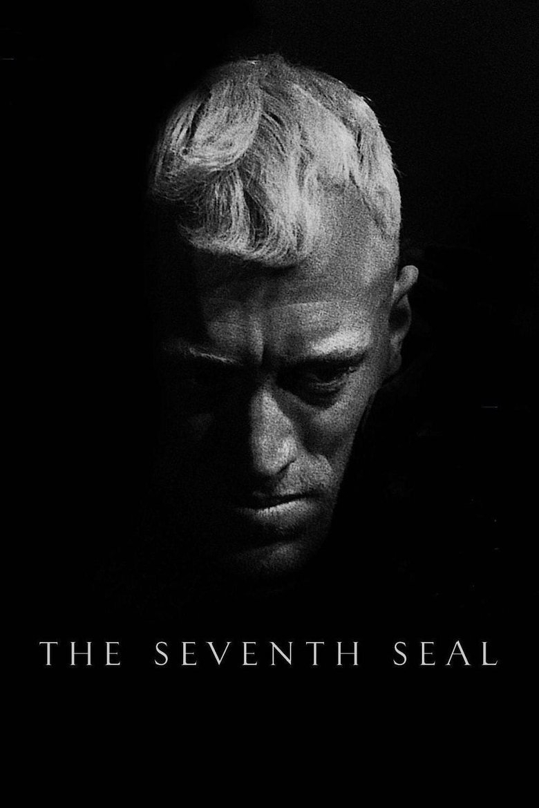 A black-and-white image featuring a man with light-coloured, short, wavy hair, partially illuminated against a dark background. His stern face is half in shadow, with deep-set eyes and a furrowed brow, giving an intense, contemplative expression. At the bottom of the image, the words “THE SEVENTH SEAL” are displayed in all capital letters in a clean, serif font.