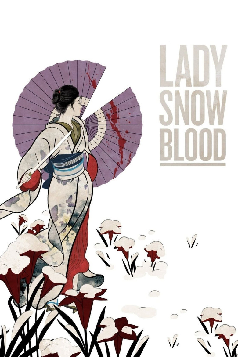 An illustration of a woman in a traditional Japanese kimono walking through snow-covered ground with red flowers peeking through the snow. She holds a purple parasol with blood splatters on it, and a sword is tucked under her arm. Her hair is tied in a neat bun with a red bead accessory. The background is white, emphasizing the snow, and her kimono features muted colours with light floral patterns and a blue-striped obi. To the right, the words “LADY SNOW BLOOD” are written in large, bold, beige letters.