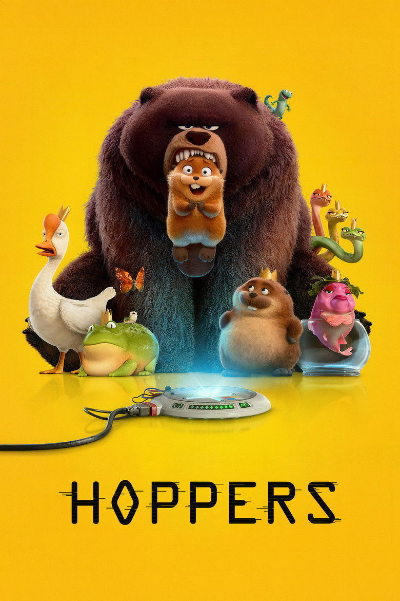 A group of colourful animated animals is standing against a bright yellow background. In the centre, a large brown bear with a slightly grumpy expression sits with a small, cheerful, round furry creature in its mouth. Surrounding them are various animals: a white goose with an orange beak and a small crown, a plump green frog with a tiny bird on its head, a butterfly, another round furry creature with a crown, a pink fish with leaves on its head in a glass bowl, and a cluster of three snakes in green, pink, and yellow. A small green lizard perches on the bear’s shoulder. In front of the animals, there is a circular electronic device with glowing green lights and a connected wire. Below the scene, the word “HOPPERS” appears in a stylized black font.
