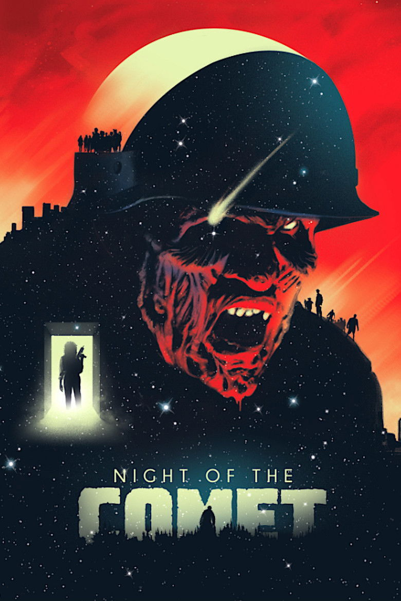 A vivid, retro-style poster featuring a large, menacing zombie-like face with red, decaying skin wearing a dark military helmet. A comet streaks across the helmet, blending with a star-filled night sky. Behind the head, a glowing yellow planet or moon contrasts with a fiery red sky. Silhouettes of people appear along the edges of dark, castle-like structures in the background. In the lower left corner, a doorway glows bright green, revealing the shadowy figure of a person holding a gun. Stars fill the lower portion of the image, and the title "NIGHT OF THE COMET" is displayed in bold, weathered white text across the bottom.