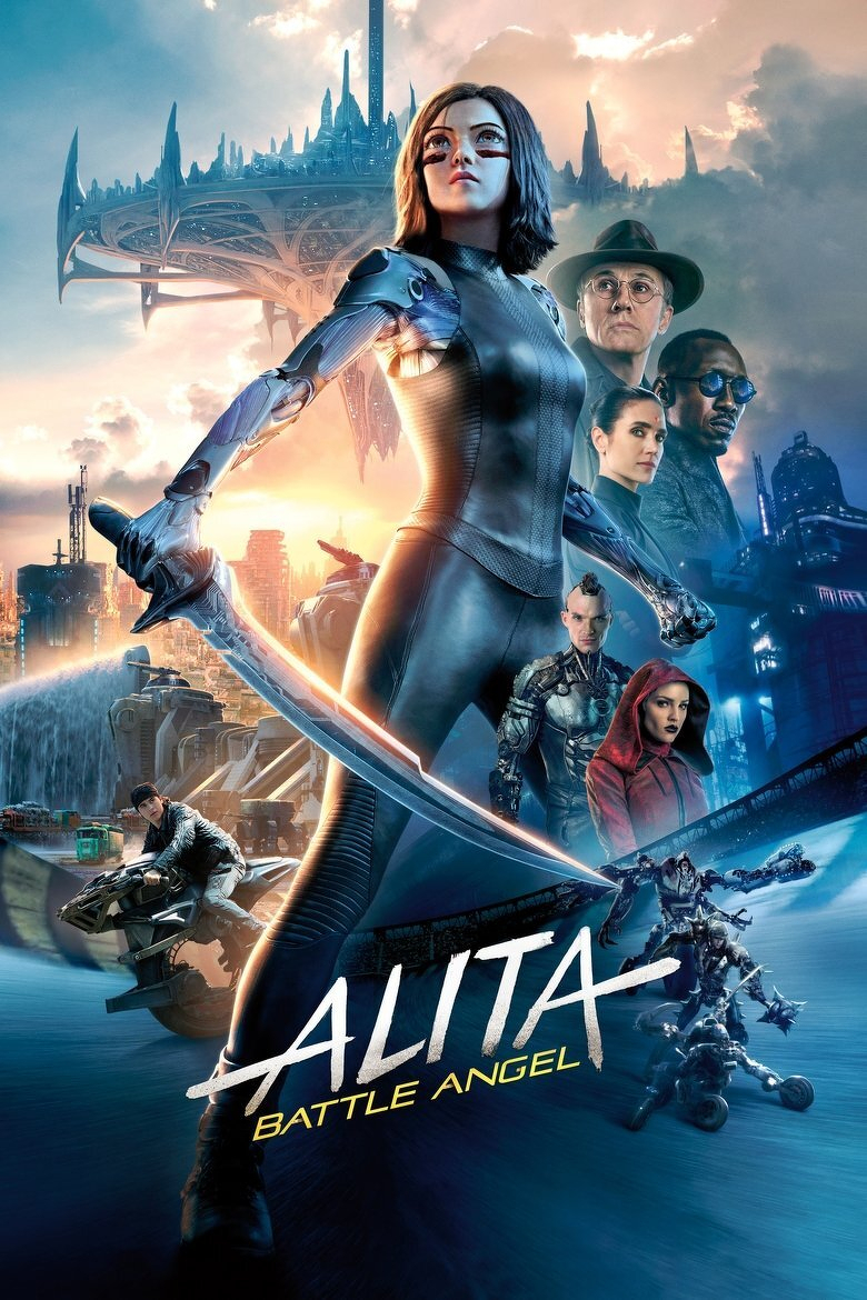 A poster for the movie "Alita: Battle Angel" featuring a futuristic cityscape with a floating city in the background. In the foreground, a cyborg girl with short dark hair and metallic arms wields a glowing sword, standing in a powerful pose. Behind her are several characters, including a man in a hat and glasses, a woman in a black suit, a man with a mohawk and cybernetic body, a woman in a red hooded cloak, and another man wearing sunglasses. At the bottom left, a young man rides a futuristic motorcycle, while at the bottom right, combat-ready cyborgs race on a high-speed track. The title "Alita" appears in large white letters, with "Battle Angel" written in smaller yellow letters below it. The sky is a mix of warm sunset hues and cool blue tones, emphasizing the contrast of the high-tech world.