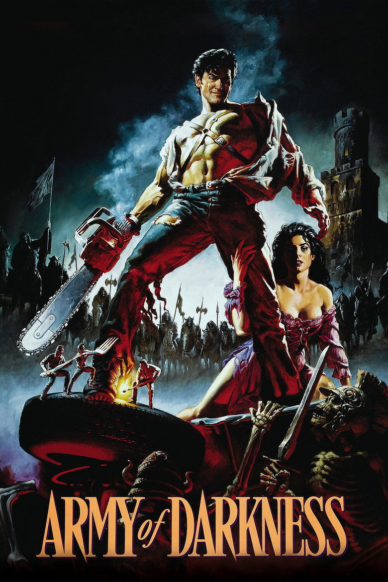 A dramatic movie poster with a dark, stormy night sky and a cold blue-gray glow. A muscular, shirtless man with dark, tousled hair and a smirk stands at center on a heap of dark rubble, holding a large red chainsaw in his right hand. His torn white shirt hangs open over a leather harness, and his jeans are ripped and stained with blood. A woman with long dark curly hair and red lips stands beside him in a pink off-shoulder blouse, gripping a sword and looking toward the viewer. Behind them, a dark army of helmeted, horned warriors with spears, axes, and banners marches toward a stone castle tower with a lit window on the right. In the lower left, several small figures struggle near a large black tire, and a fire burns beside them. Skeletal remains and a grotesque, horned skull are scattered across the bottom right. The title at the bottom reads "ARMY of DARKNESS" in large, ornate orange letters with a dark outline, with "of" set in a smaller italic style.