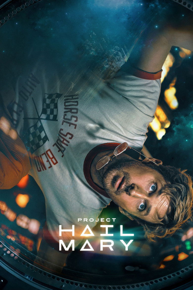 A man with light brown hair and a short beard floats upside down in a spacecraft, looking out through a circular window into space filled with stars and a nebula. He is wearing a white ringer T-shirt with red trim that has the words “HORSE SHOE BEND AUTO” in red letters and a pair of checkered racing flags printed on it. A pair of glasses dangles from his neck. The interior of the spacecraft is dimly lit with orange and green lights. In the foreground, the title “PROJECT HAIL MARY” is displayed in bright white futuristic font.