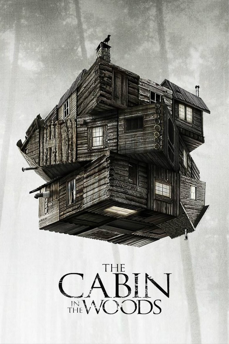 A surreal image depicts a rustic wooden cabin, composed of multiple cabin segments, twisted and stacked into a floating cube-like formation. Each side of the cube features traditional log walls, windows with glowing light, and sections of slanted roofs jutting out at different angles. A small black bird, possibly a crow, perches on a chimney at the top. The background shows a foggy forest with faint silhouettes of tall trees, creating an eerie and mysterious atmosphere. At the bottom of the image, the text reads “THE CABIN IN THE WOODS” in a distressed, horror-style font.