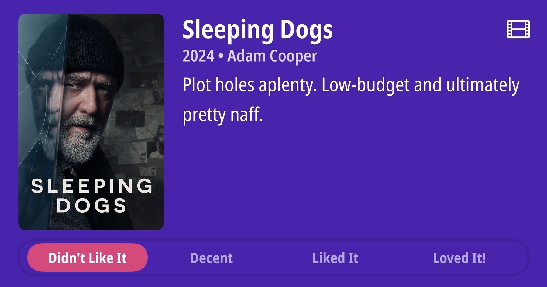 A review card for the movie "Sleeping Dogs" by Adam Cooper, critiques the film for plot holes and low-budget quality, with options for user ratings.