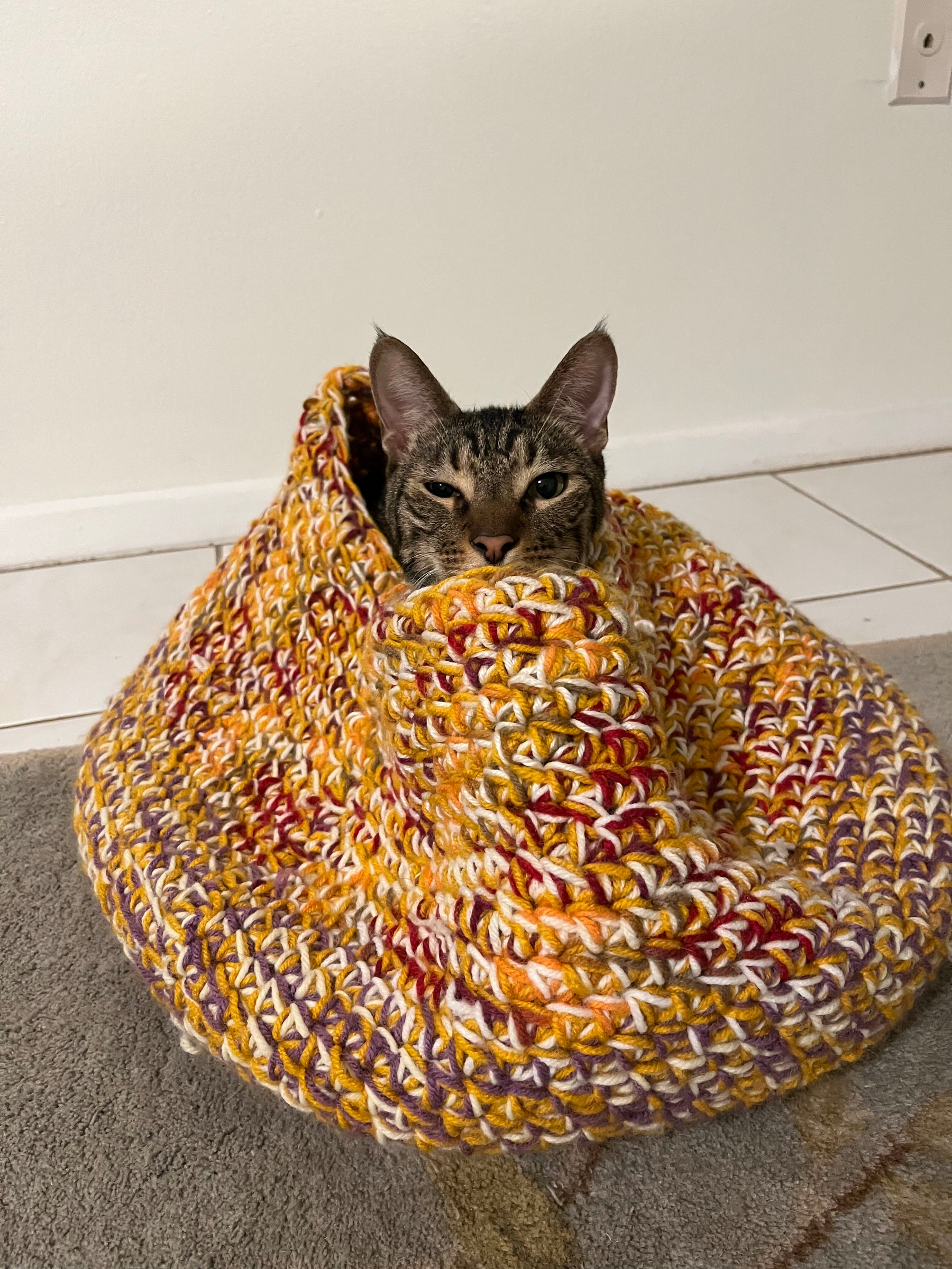 A male brown striped cat sticking his head out of a crocheted multi-color basket.