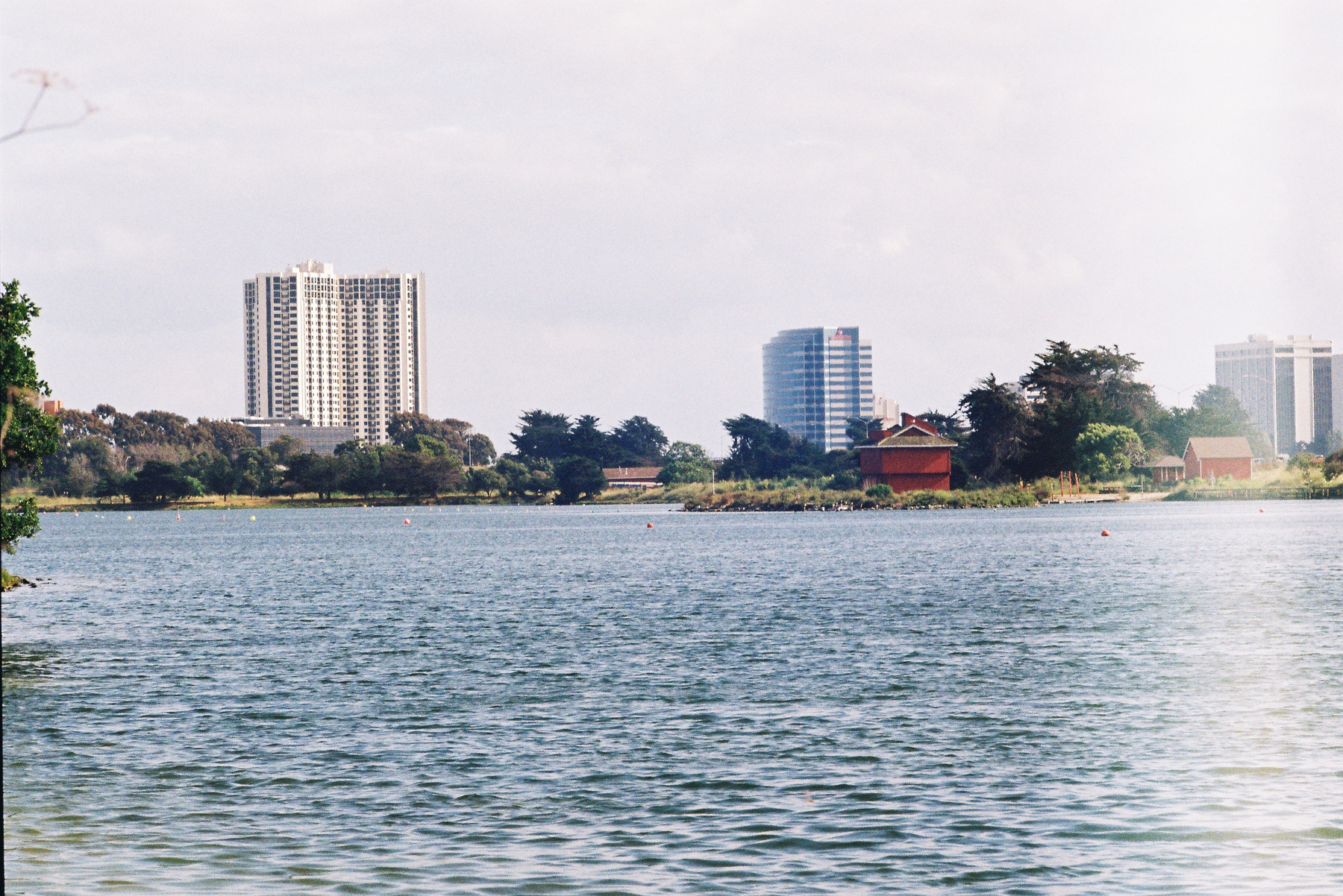 A looking across a bay lagoon at distant high-rise buildings and a few small structures surrounded by greenery.