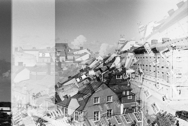 A black and white accidental multiple exposure film photo.