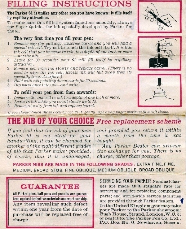 Part of a product information leaflet for a Parker 61 fountain pen.