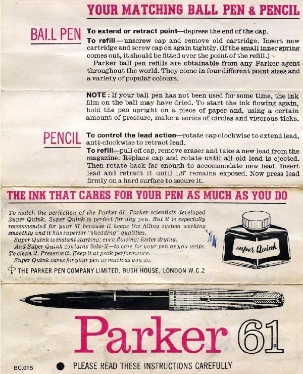 Part of a product information leaflet for a Parker 61 fountain pen.