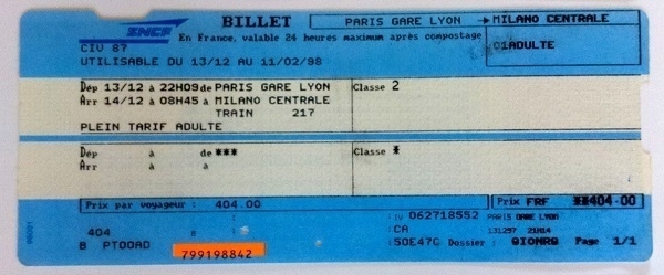 A 1997 train ticket from Paris to Milan