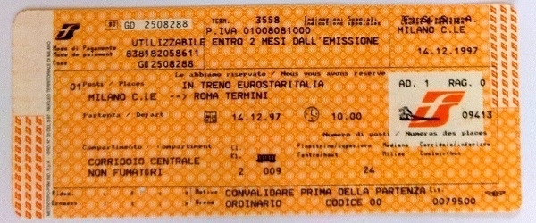 A 1997 train ticket from  Milan to Rome