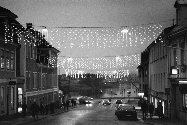 Another grainy monochrome film photo of some of the Yuletide lights in Karlskrona, Sweden, as they were in December 2008.