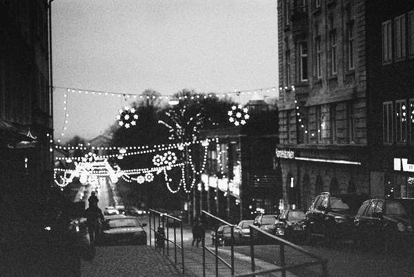 A grainy monochrome film photo of some of the Yuletide lights in Karlskrona, Sweden, as they were in December 2008.