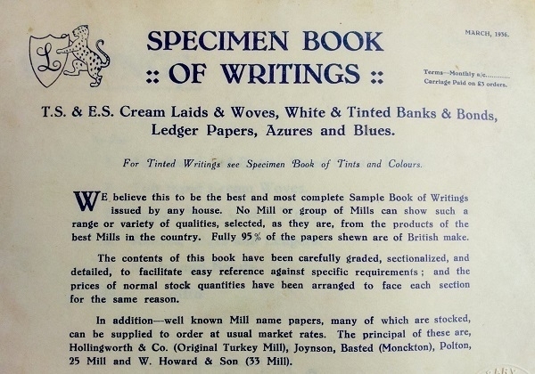 The introductory first page in a 1930s stationery sample-book. 