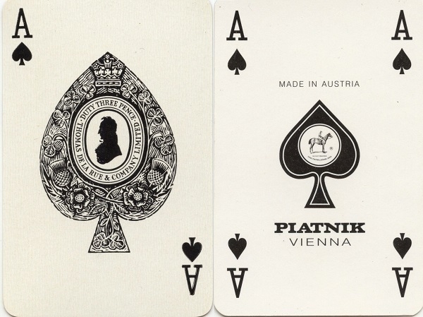 Two Aces of Spades, from a vintage De La Rue deck and a somewhat recenter Piatnik deck respectively.