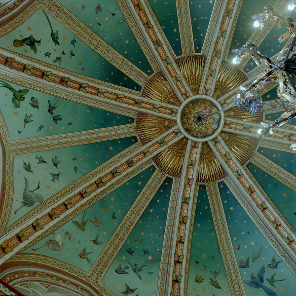 A film photograph of part of the ornate ceiling in the drawing room at Castell Coch.