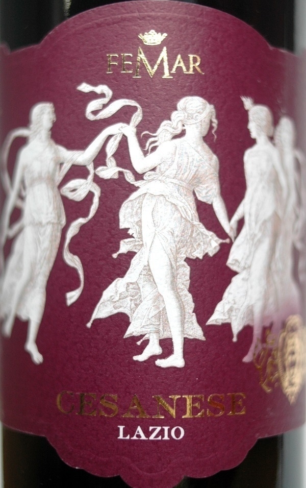 The label on a bottle of Femar Cesanese red wine.