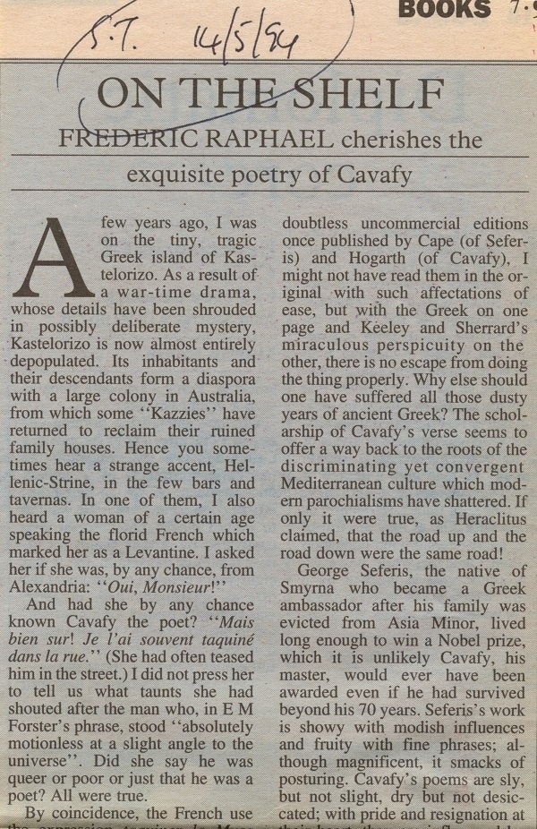 Part of a clipping from a '90s newspaper atricle by Frederic Raphael about the poetry of C.P. Cavafy.