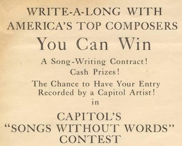 Part of an early '60s LP inner sleeve advertising a songwriting contest.