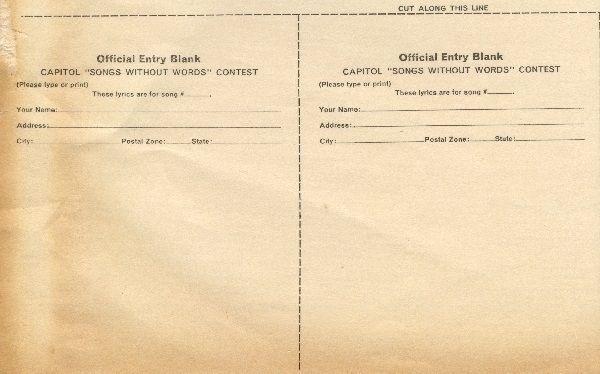 Entry blanks for the Capitol Records 'Songs Without Words' contest.