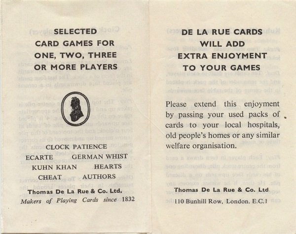 The front and back of a fold-out leaflet that came with a pair of vintage De La Rue playing cards.