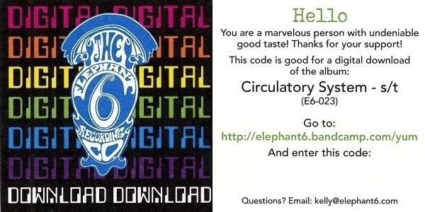 The front and back of a digital download card (with the code blanked out) included with the self-titled LP by Circulatory System.