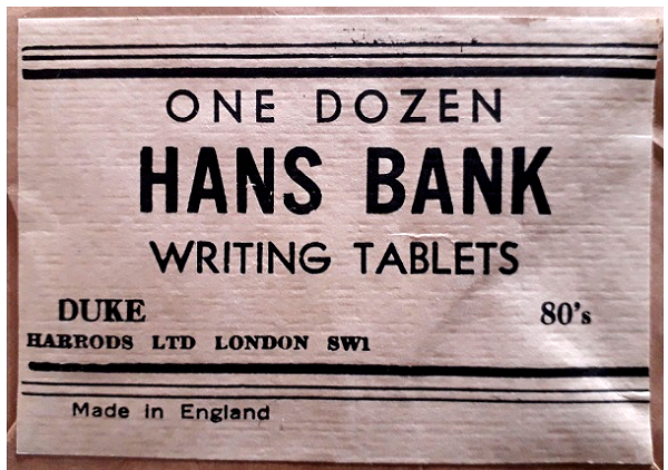 The label from a part-filled box of mid-20th-Century 'Hans Bank' writing pads.