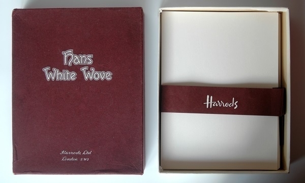 A box of Harrods 'Hans White Wove' writing paper and some of its contents
