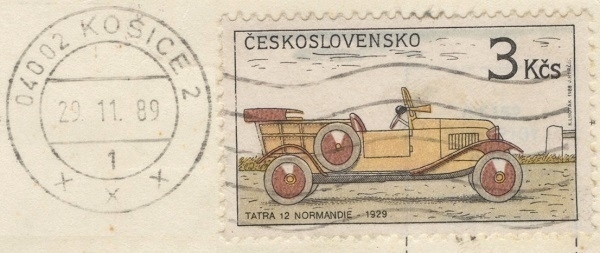 The postmark and stamp on a postcard from Košice.