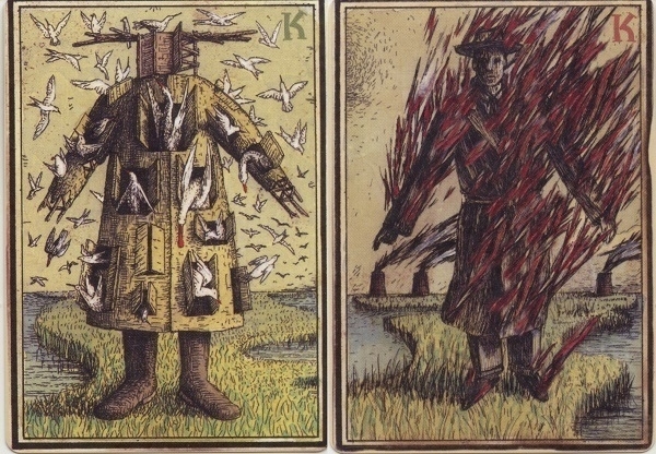 Two playing cards from the 'Eisbergfreistadt' deck designed by Nicholas Kahn and Richard Selesnick.