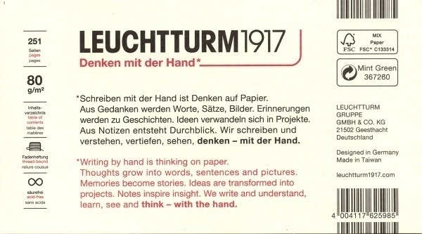 The back of the card band around a new Leuchtturm1917 notebook.