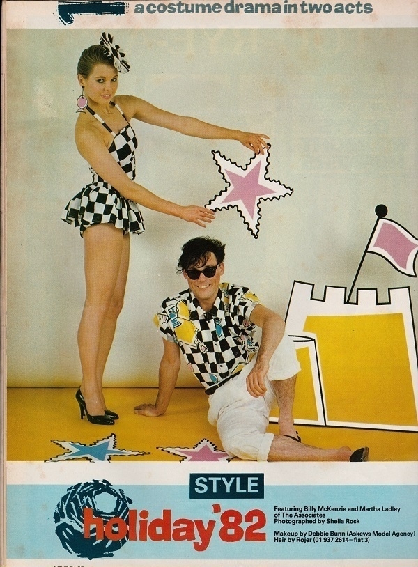 A page from a 1982 magazine fashion photo-spread with a photo of Martha Ladly and Bully MacKenzie of The Associates.