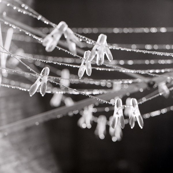 A monochrome film photograph of some clothes-pegs on a dewy clothesline caught in a ray of early-morning sunsine.