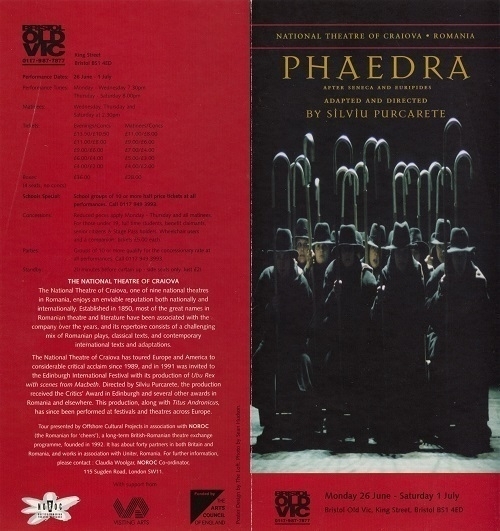 A theatre programme from 1995 for a production of 'Phaedra' at the Bristol Old Vic.