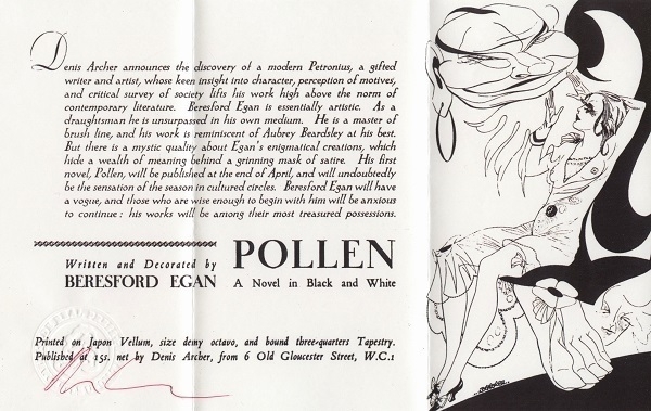 A reproduction of the original publicity flyer for Beresford Egan's novel 'Pollen'.