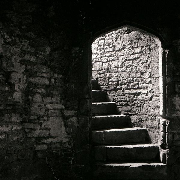 A black and white photo of some stairs leading up from a cellar at Raglan Castle.