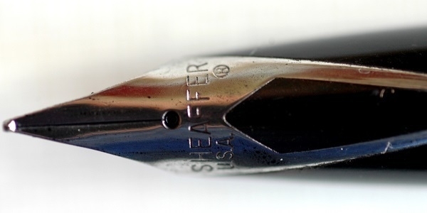 Close-up of a Sheaffer 'Targa' fountain pen's nib.