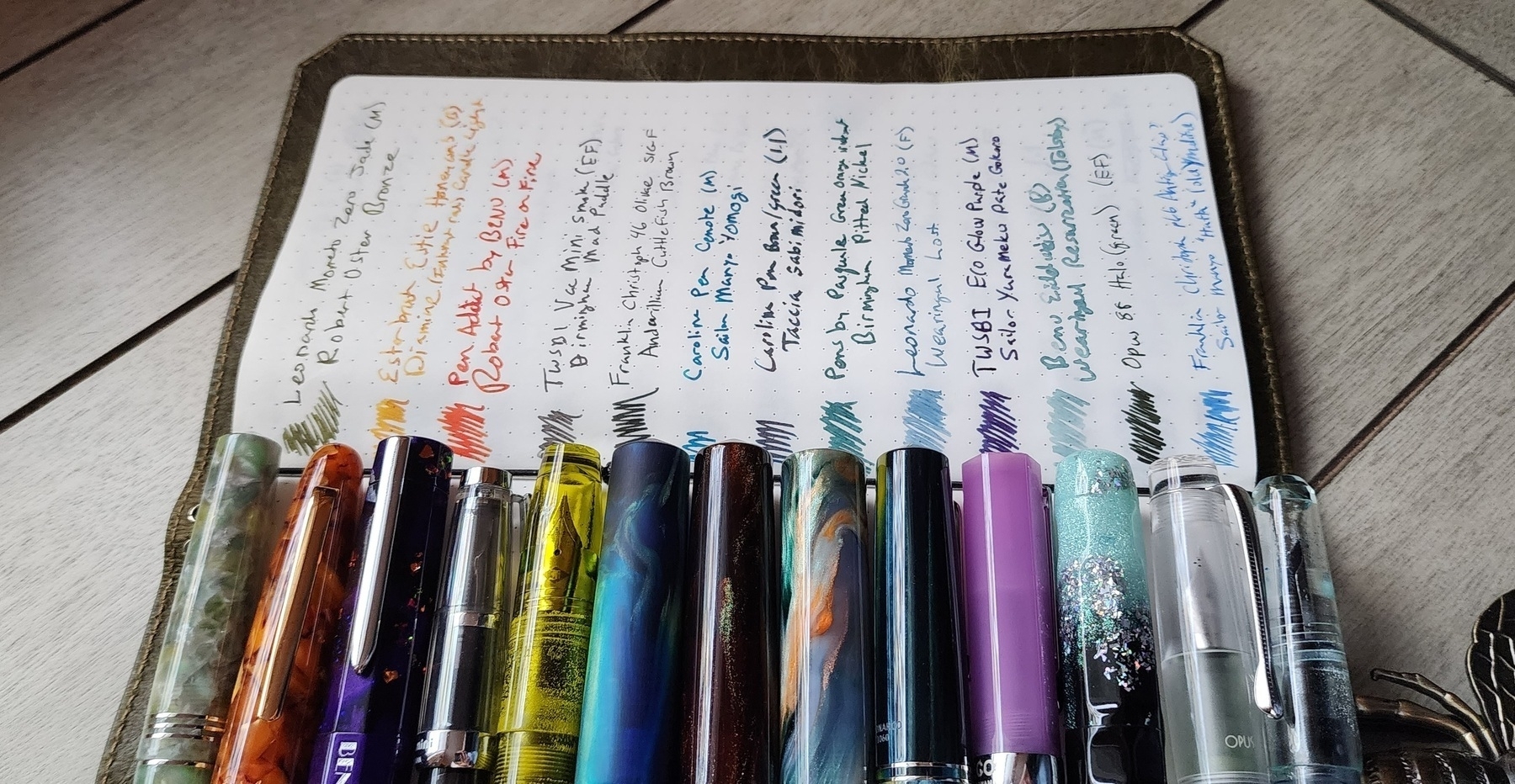 Row of fountain pens with written list of pen names and ink colors