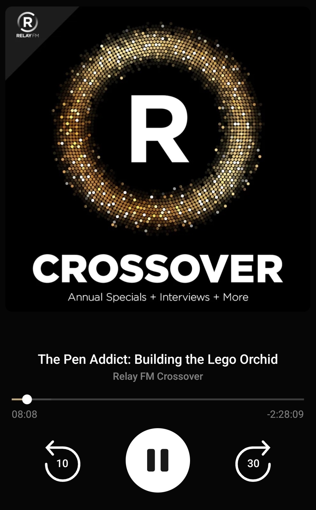 Screenshot of a podcast player showing a podcast episode being played "The Pen Addict: Building the Lego Orchid".