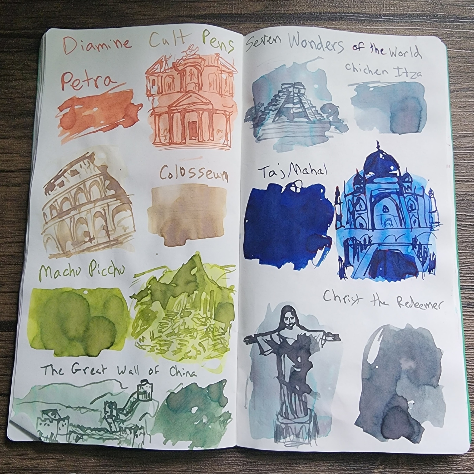 Swatches and sketches of 7 Diamine inks (Cult Pens Exclusive) featuring Wonders of the World: Petra (a medium orange red), Colostrum (parchment brown), Machu Picchu (spring green), The Great Wall of China (dark green), Chichen Itza (light blue/gray), Taj Mahal (vibrant dark blue) and Christ the Redeemer (medium cool grey).