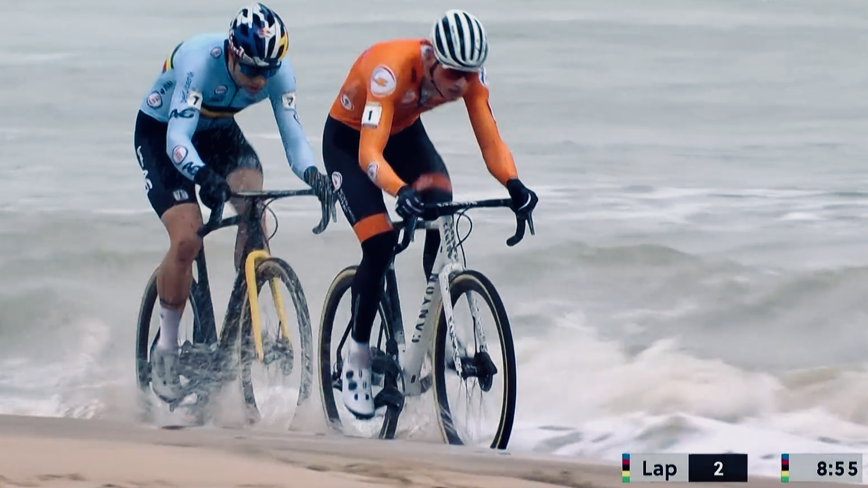 Dutch and Belgian cyclists racing through the waves