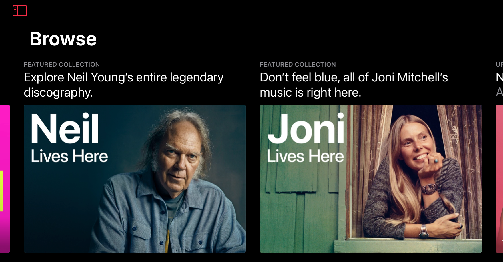 Apple Music screenshot advertising Neil Young and Joni Mitchell music