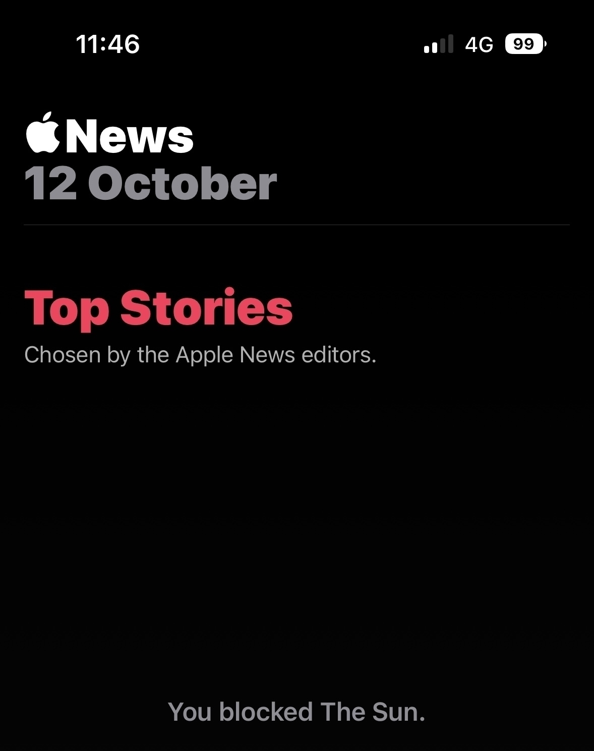 Apple News screenshot with the text: You blocked The Sun