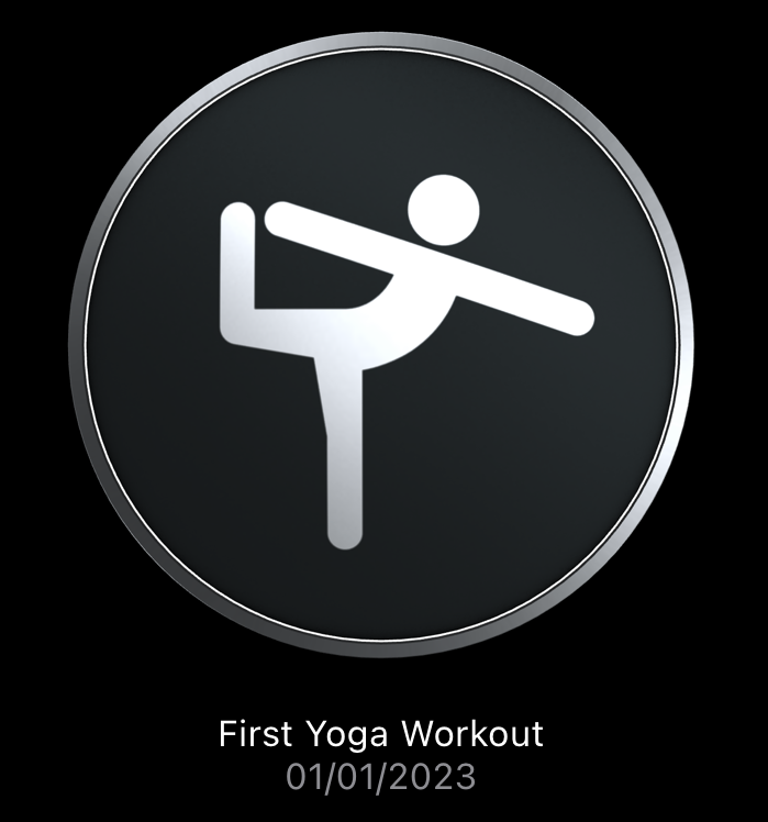 Apple Fitness+ badge for completing first yoga workout, 1 January 2023