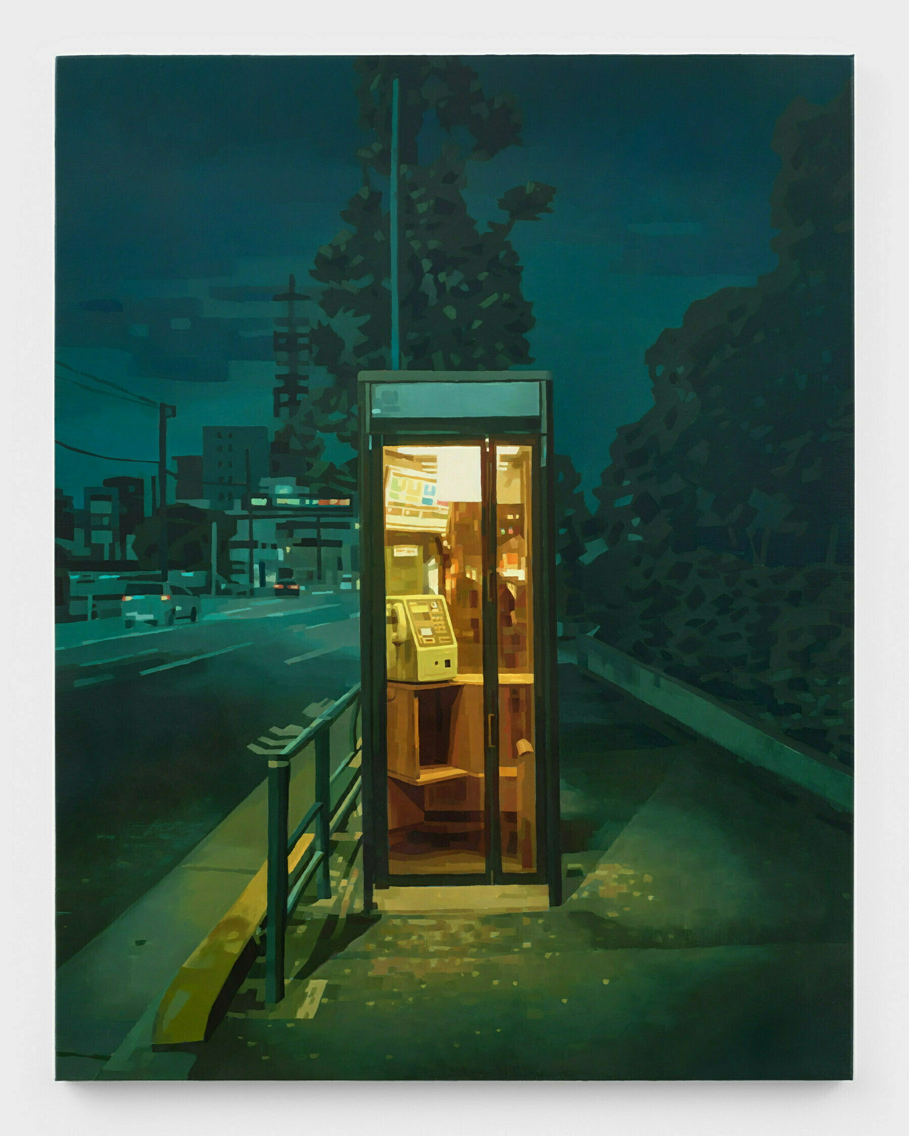 Painting of a phonebox by Keita Morimoto. The phonebox is lit with orange light and the background road, cars, trees and sky are tinged with green