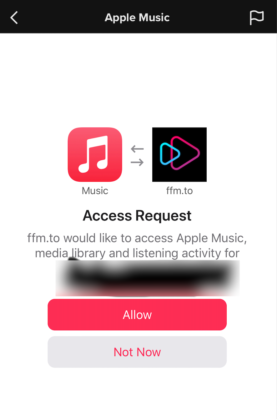 A screenshot of a dialogue pop up that shows FFM.to requesting access to my Apple Music media library and listening activity.